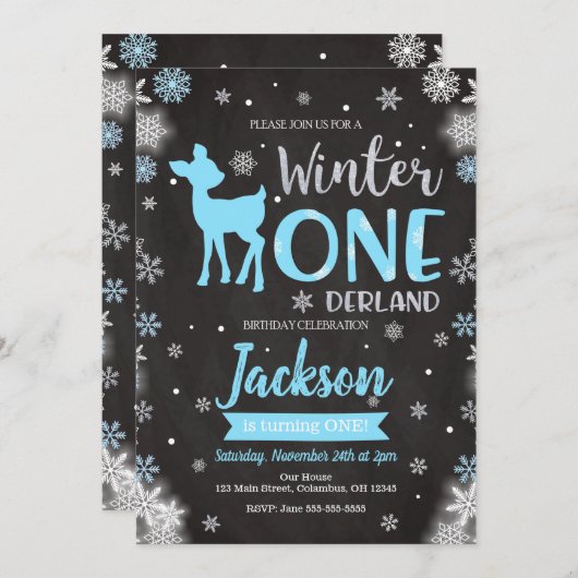Winter ONEderland Deer 1e verjaardag uitnodiging (Voorkant / Achterkant)