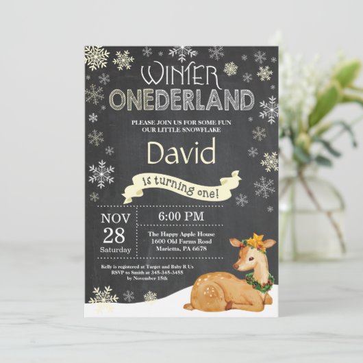 Winter Onederland Deer 1e verjaardag Uitnodiging (Staand voorkant)