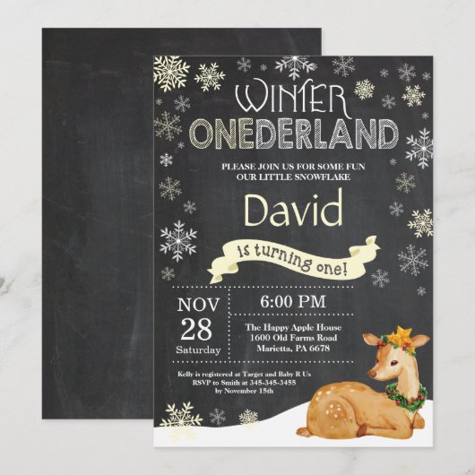 Winter Onederland Deer 1e verjaardag Uitnodiging (Voorkant / Achterkant)