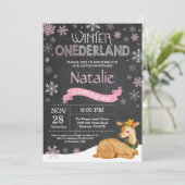 Winter Onederland Deer 1e verjaardag Uitnodiging (Staand voorkant)