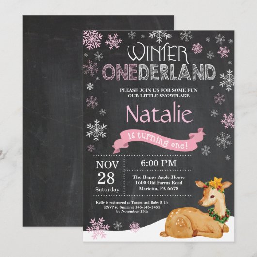 Winter Onederland Deer 1e verjaardag Uitnodiging (Voorkant / Achterkant)