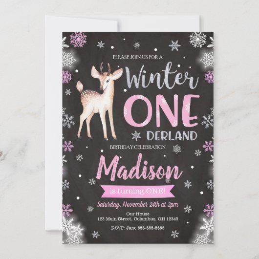 Winter ONEderland Deer 1st Birthday Uitnodiging (Voorkant)