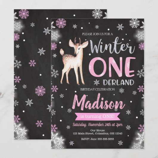 Winter ONEderland Deer 1st Birthday Uitnodiging (Voorkant / Achterkant)
