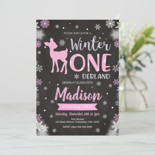 Winter ONEderland Deer 1st Birthday Uitnodiging (Staand voorkant)