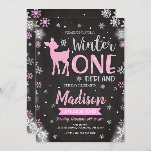 Winter ONEderland Deer 1st Birthday Uitnodiging (Voorkant / Achterkant)