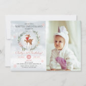 Winter Onederland Deer Baby First Birthday Foto Kaart (Voorkant)