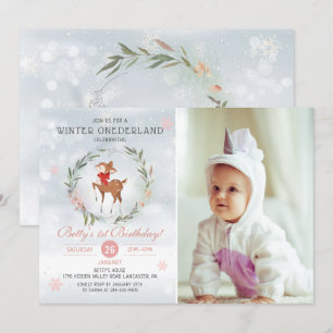 Winter Onederland Deer Baby First Birthday Foto Kaart
