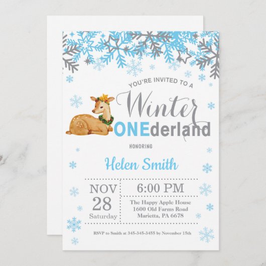 Winter Onederland Deer Boy 1e verjaardag Kaart (Voorkant / Achterkant)