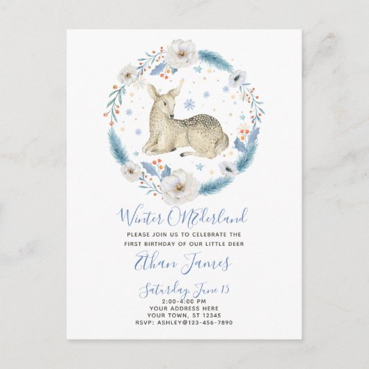 Winter ONEderland Deer Floral Baby's 1ste verjaard Uitnodiging Briefkaart (Voorkant)