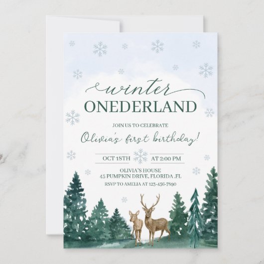 Winter ONEderland Deer Invite Kaart (Voorkant)