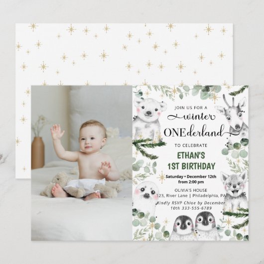 Winter Onederland Dieren 1e verjaardag Foto Kaart (Voorkant / Achterkant)