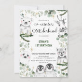 Winter Onederland Dieren 1e verjaardag Uitnodiging (Voorkant)