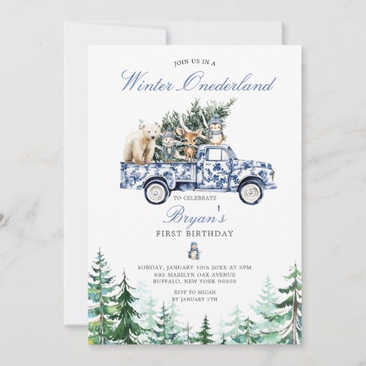 Winter Onederland Dieren Chinoiserie 1e verjaardag Kaart (Voorkant)