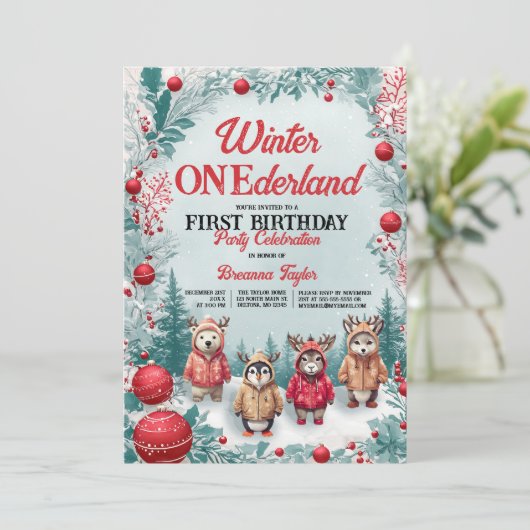 Winter ONEderland Dieren Eerste Verjaardagsfeest Kaart (Staand voorkant)
