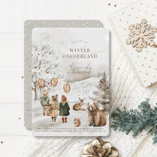 Winter Onederland Dieren & Kinderen 1e verjaardag Kaart