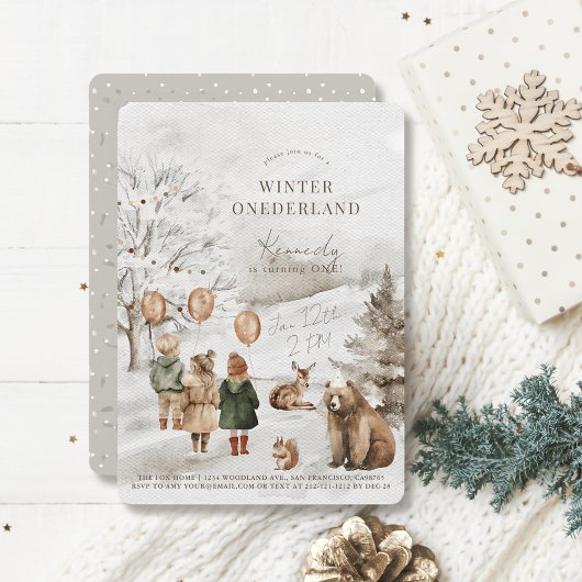 Winter Onederland Dieren & Kinderen 1e verjaardag Kaart