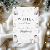Winter Onederland Drawn Penguin 1e verjaardag Save The Date