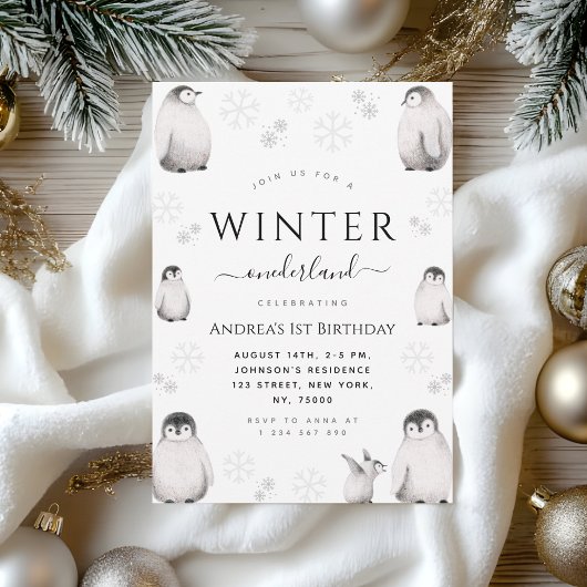 Winter Onederland Drawn Penguin 1e verjaardag Save The Date