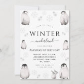 Winter Onederland Drawn Penguin 1e verjaardag Save The Date (Voorkant)