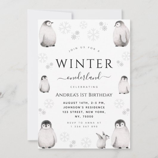 Winter Onederland Drawn Penguin 1e verjaardag Save The Date (Voorkant)