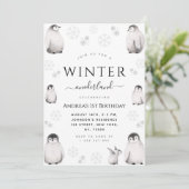 Winter Onederland Drawn Penguin 1e verjaardag Save The Date (Staand voorkant)