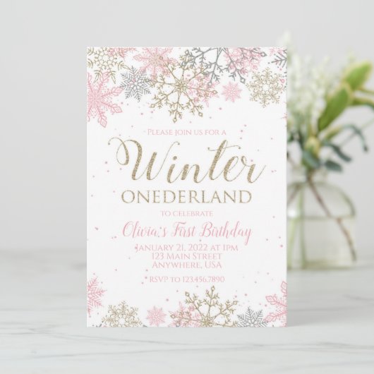 Winter Onederland Eerste Birthday roze sneeuwvlok Kaart (Staand voorkant)