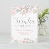 Winter Onederland Eerste Birthday roze sneeuwvlok Kaart (Staand voorkant)