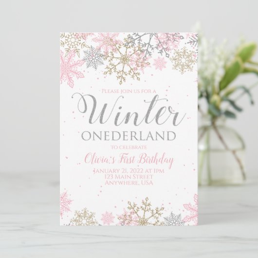Winter Onederland Eerste Birthday roze sneeuwvlok Kaart (Staand voorkant)