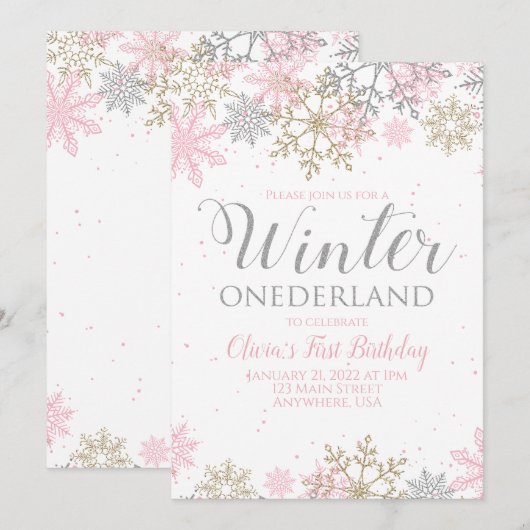 Winter Onederland Eerste Birthday roze sneeuwvlok Kaart (Voorkant / Achterkant)