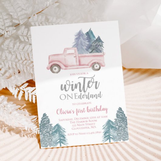 Winter Onederland Eerste Birthday roze vrachtwagen Kaart