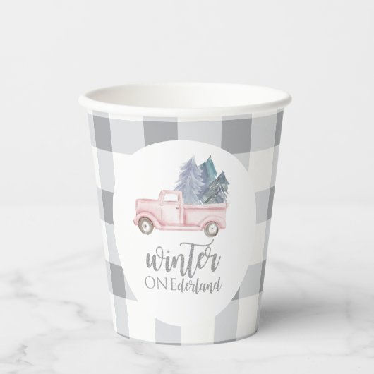 Winter Onederland Eerste Birthday roze vrachtwagen Papieren Bekers (Voorkant)