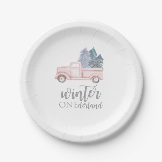 Winter Onederland Eerste Birthday roze vrachtwagen Papieren Bordje (Voorkant)