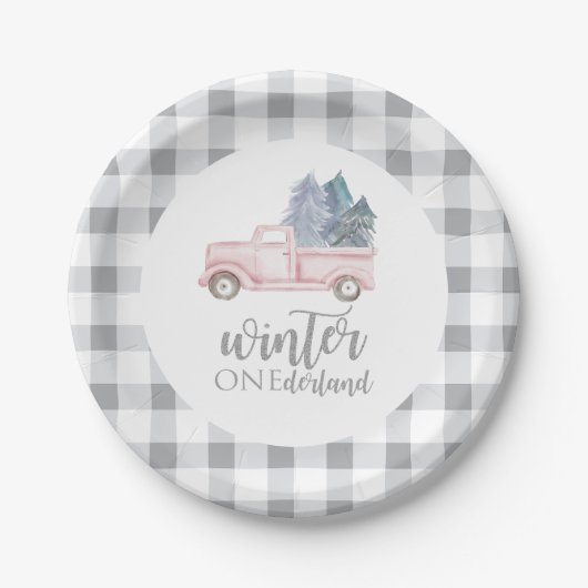 Winter Onederland Eerste Birthday roze vrachtwagen Papieren Bordje (Voorkant)