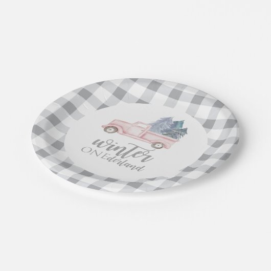 Winter Onederland Eerste Birthday roze vrachtwagen Papieren Bordje (Gekanteld)