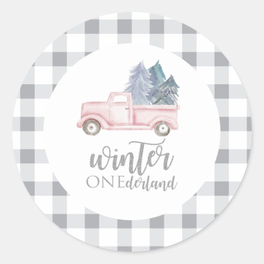 Winter Onederland Eerste Birthday roze vrachtwagen Ronde Sticker (Voorkant)