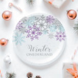 Winter Onederland Eerste dag Paars blauw Papieren Bordje<br><div class="desc">Winter Onederland First Birthday Party paper borden. Paarse,  blauwe en zilversneeuwvlokken.</div>