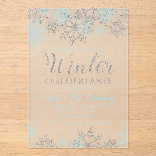 Winter Onederland Eerste dag Uitnodigingsblauw Acryl Uitnodigingen (Voorkant)