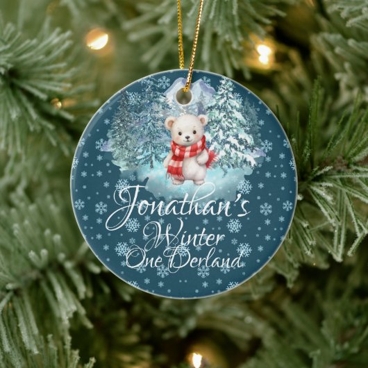 Winter Onederland Eerste Kerst Schattige Beer blau Keramisch Ornament (Boom)