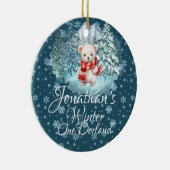 Winter Onederland Eerste Kerst Schattige Beer blau Keramisch Ornament (Rechts)