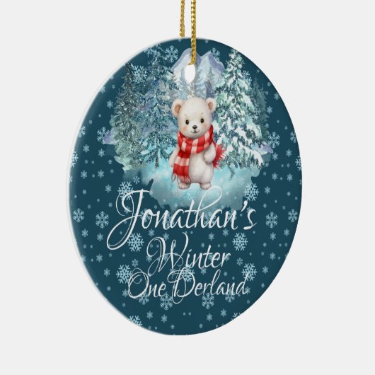 Winter Onederland Eerste Kerst Schattige Beer blau Keramisch Ornament (Rechts)