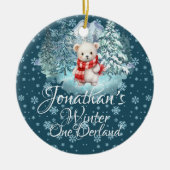 Winter Onederland Eerste Kerst Schattige Beer blau Keramisch Ornament (Voorkant)