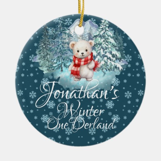 Winter Onederland Eerste Kerst Schattige Beer blau Keramisch Ornament (Voorkant)