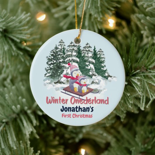 Winter Onederland Eerste Kerst Schattigee Pinguïns Keramisch Ornament (Boom)