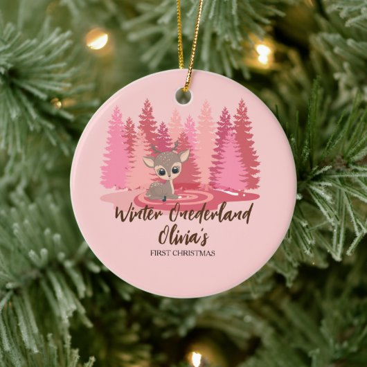 Winter Onederland Eerste Kerstmis Herten Roze Bos Keramisch Ornament (Boom)