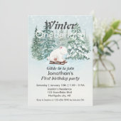 Winter Onederland Eerste Verjaardag Beer op Sleigh Kaart (Staand voorkant)