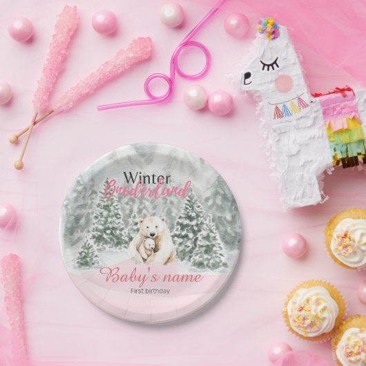 Winter Onederland Eerste Verjaardag Beer Sneeuwbos Papieren Bordje (Feest)