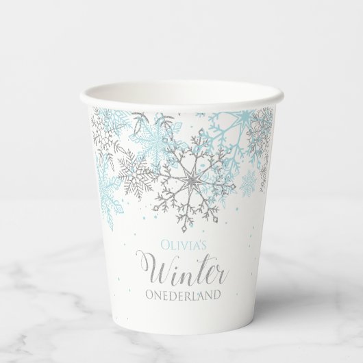 Winter Onederland eerste verjaardag blauw en zilve Papieren Bekers (Achterkant)