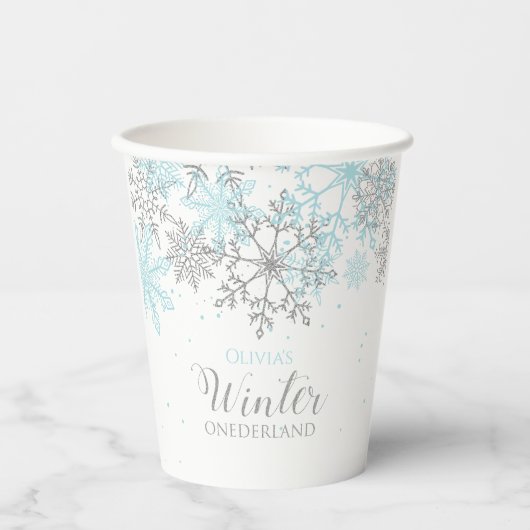 Winter Onederland eerste verjaardag blauw en zilve Papieren Bekers (Voorkant)