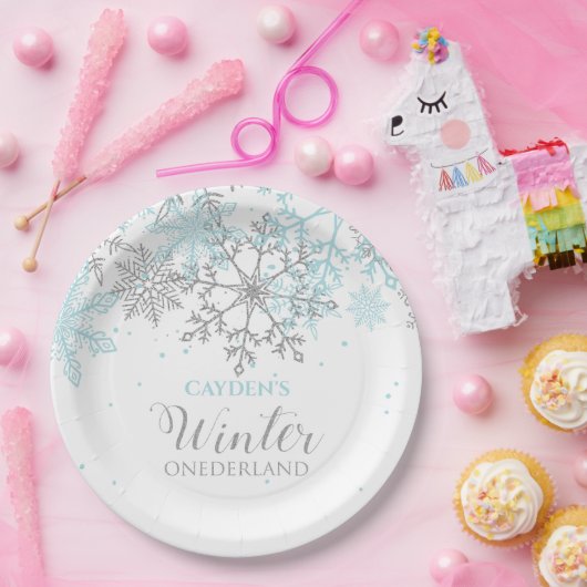 Winter Onederland eerste verjaardag blauw en zilve Papieren Bordje (Feest)