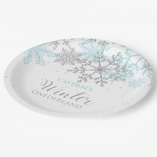 Winter Onederland eerste verjaardag blauw en zilve Papieren Bordje (Gekanteld)